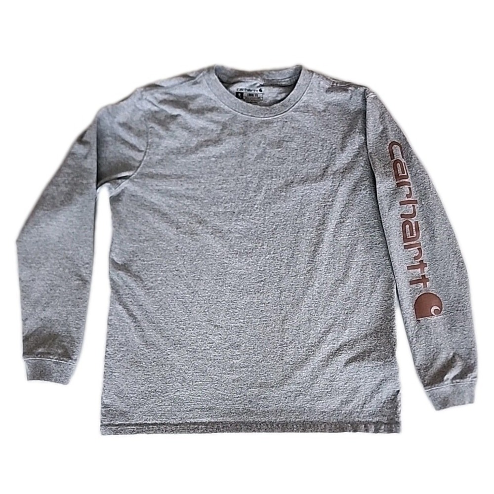 Carhartt Womens Loose Fit Gray Long Sleeve Top Sz M 8-10 Heavyweight Spellout